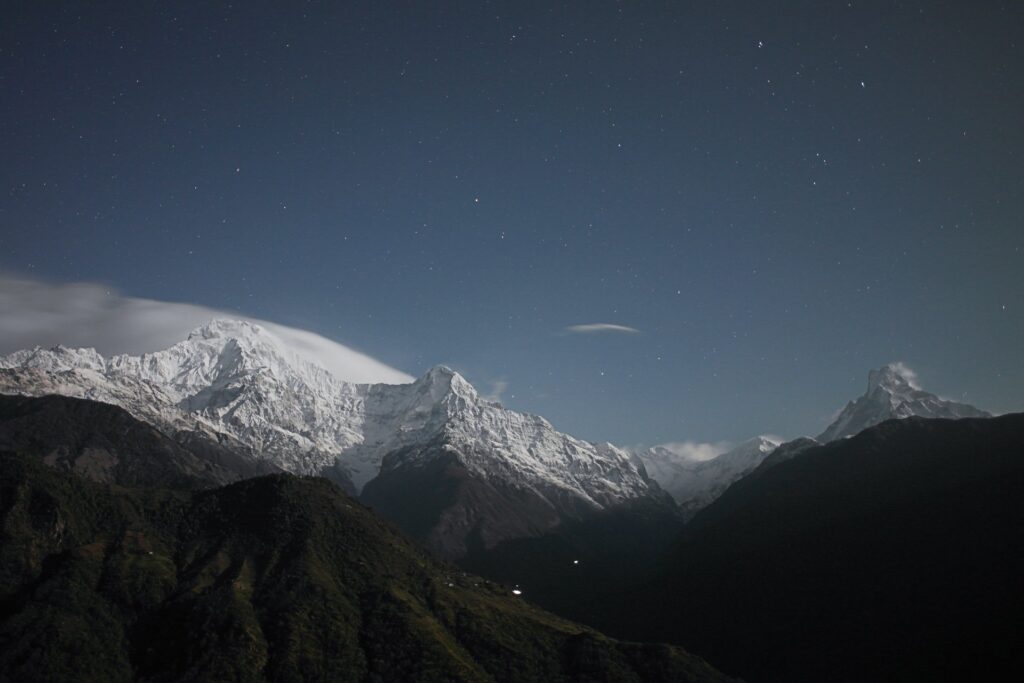 Background image of a mountain landscape at dusk