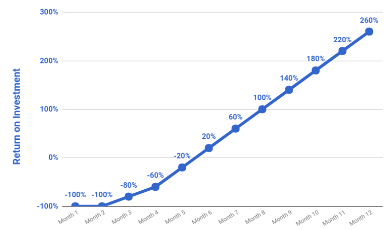 graph showing ROI growth up to 260% over the year