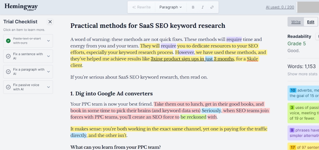 hemingway editor for keyword research